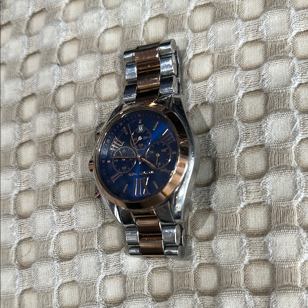 Michael Kors Blue Dial Silver and Rose Gold Watch
